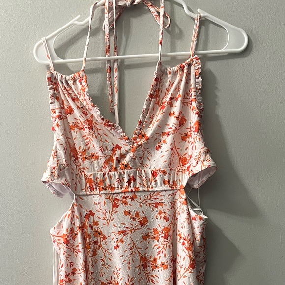 Topshop Eyelet Jersey V Neck‎ Midi Dress Floral orange Cut Out 14 NWT - Picture 3 of 6